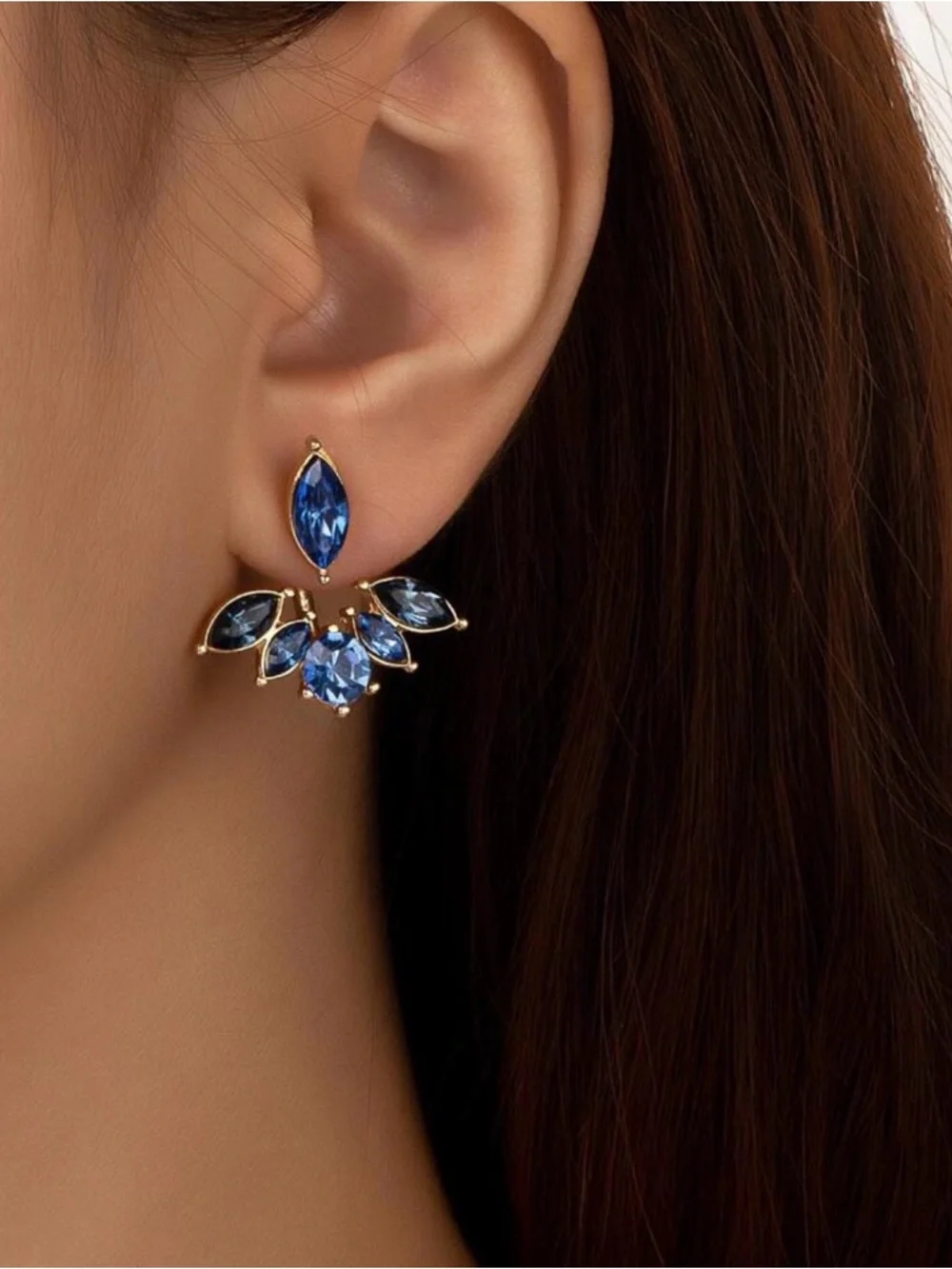 Blue Crystal Gold-Trim Stud Earrings
